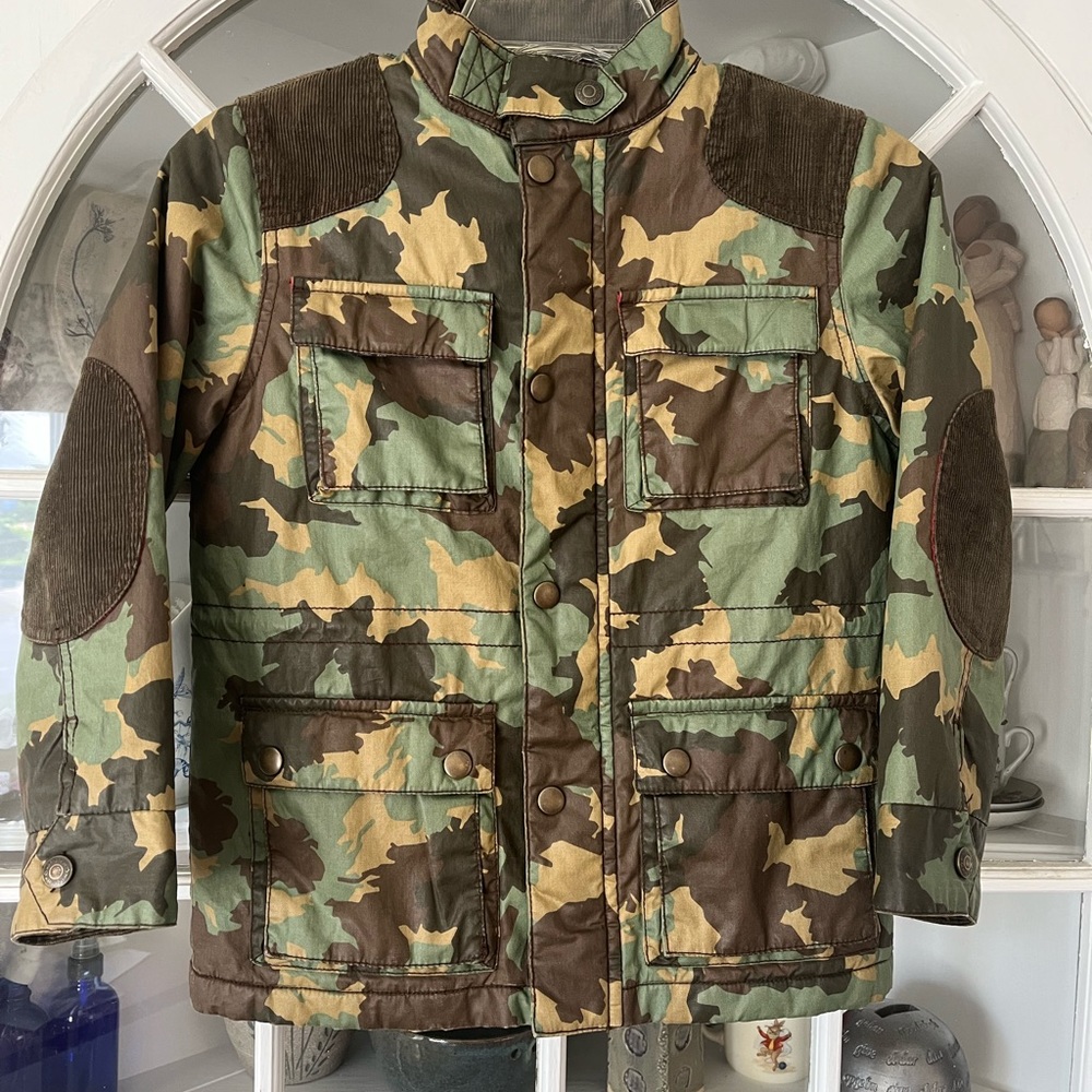 Mini Boden Kids Camo jacket with courdoroy patches, flannel lining.
